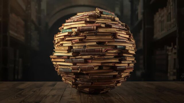 Vintage book sphere stack on wooden table in warm library, antique knowledge evokes mystery