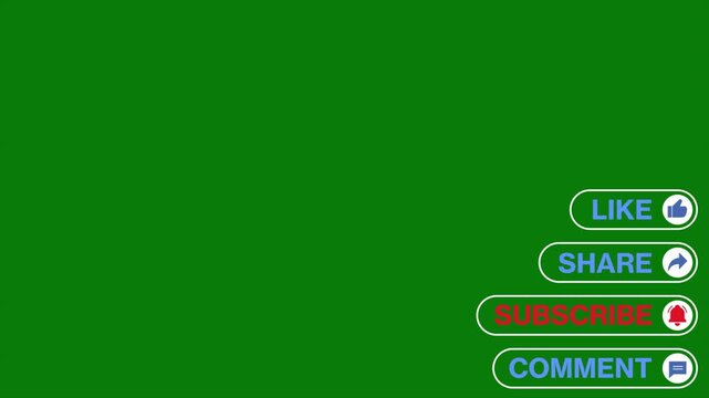 Subscribe and like share Side motion notify animation for video outros and content creators on black green screen background, Animation reminder for channel, subscribe button, notification buttons