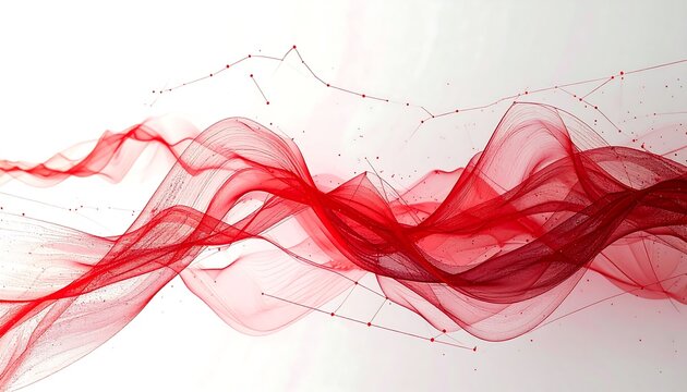 Flowing translucent red ribbons with connected dots on a white backdrop, artistic composition