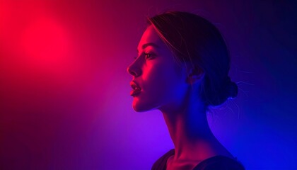 A woman's profile illuminated by vibrant red and blue lights in a dark studio setting with dramatic shadows