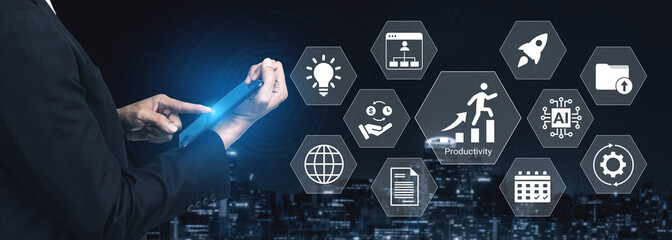 Fototapeta premium A business professional interacts with digital productivity icons against a modern cityscape backdrop, symbolizing innovation and technological advancement in the corporate world. Gantry