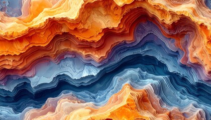 Vibrant abstract layers of blue and orange swirling together in a dynamic, fluid motion, resembling layered rock formations or waves.