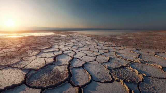 Cracked salt flat sunset with polygonal pattern of dried mud and saline crust, cracked earth textured flatland stretching to distant horizon dramatic sky, arid landscape of evaporated water and calm