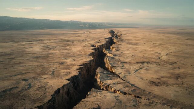 Massive desert rift cutting through arid plain sunrise with dramatic shadowed canyon and distant mountain ridge, aerial view of vast fault line and deep fissure across cracked earth evoking isolation