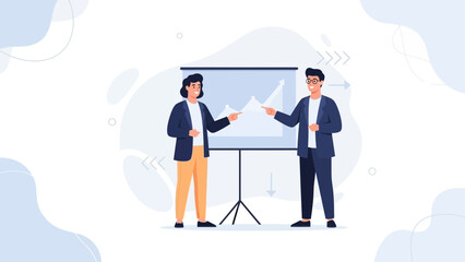 Fototapeta premium Business people presenting growth chart on whiteboard, teamwork and success