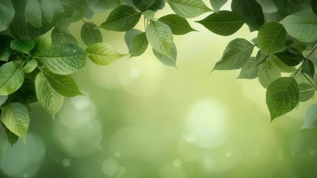 Fresh green leaves framing soft bokeh spring foliage nature scene with sunlit calm mood