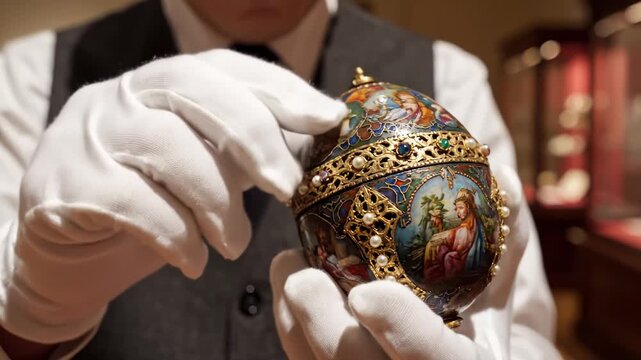 Curator Wearing White Gloves Carefully Inspecting Ornate Faberg&eacute; Style Egg in Museum Setting