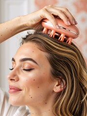 Naklejka premium Vertical photo of woman using scalp massager for hair growth and relaxation. Female enjoying head massage tool. Hair care and wellness routine