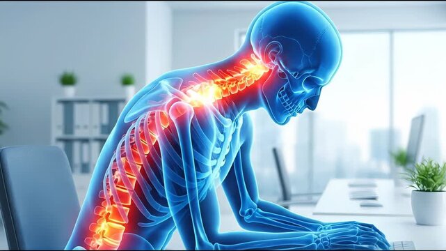Human skeletal structure with highlighted spinal pain from poor posture at computer, suitable for health, medical, ergonomics, education, workplace, safety, and technology topics.