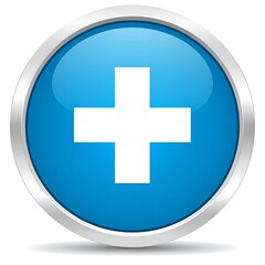 Obraz premium Glossy blue button with a white cross symbol, encased in a metallic silver border