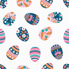 Seamless Easter egg design. Easter background, bright eggs with various patterns. Design for fabric, textiles, wallpaper, packaging
