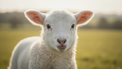 Fototapeta premium Close up portrait of young white lamb in green meadow. Cute baby sheep in field at golden hour. Spring farm animal concept