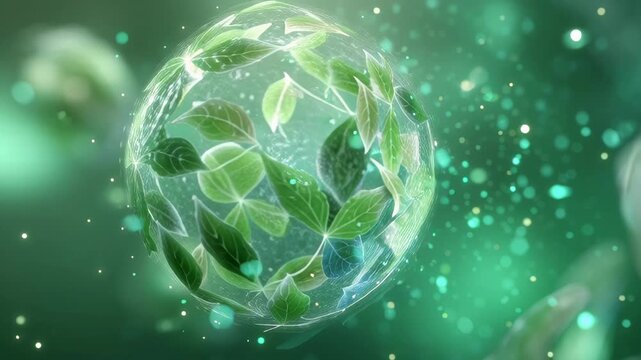 Futuristic Green Globe with Leaf Patterns and Light Effects Symbolizing Sustainable Environmental Conservation