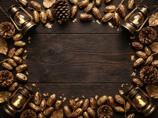 Ramadan Dates and Nuts on Dark Wooden Rustic Background Iftar Food Flat Lay Overhead View