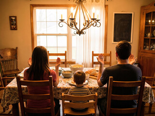 Muslim Family Watching Sunset Through Window Ramadan Iftar Time Silhouette Warm Home Interior