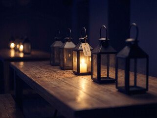 Beautiful Traditional Ramadan Lanterns Fanoos Glowing at Night Islamic Holy Month