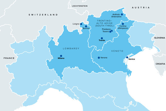 Milano Cortina 2026, Northern Italy, political map. Venues of an international multi-sport event that take place in the Italian regions Lombardy, Veneto, and Trentino-Alto Adige. Isolated. Vector