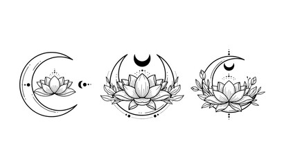 Crescent moon and lotus flower outline vector set with minimal spiritual line art © Shukimon