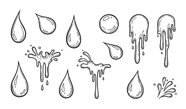 Artistic water drop ink sketch outline vector illustration with decorative droplet symbols