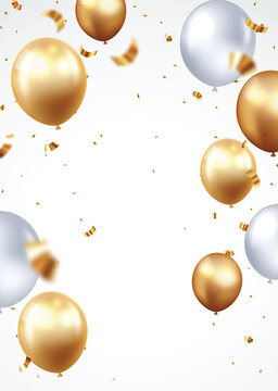 Abstract bright gold confetti, balloons, and ribbon, design for celebrations. beautiful decoration vector illustration