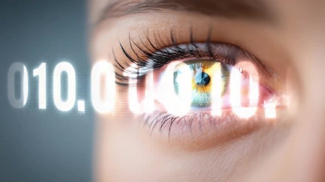 Digital Gaze: A close-up view of an eye, illuminated by binary code, representing the intersection of human vision and the digital world.