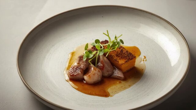 Seared scallop medallions with roasted squash, caramel sauce, microgreen garnish and polenta cube