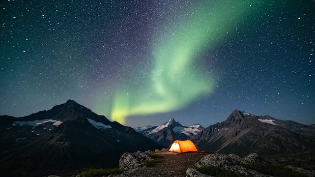 A lit tent sits below a vivid aurora borealis over a mountain range