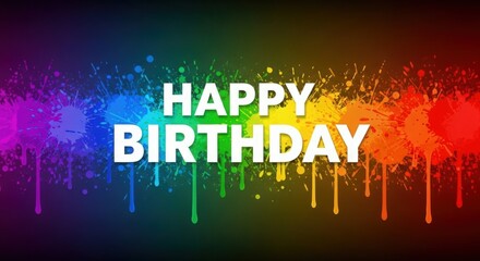 Fototapeta premium Abstract Happy Birthday background with vibrant rainbow paint splatters and drips, celebrating with color and energy.