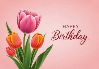 Fototapeta premium Beautiful pink and orange tulips with green leaves, paired with a 'Happy Birthday' greeting on a soft pink gradient background.