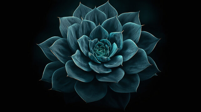 A captivating close-up of a succulent plant against a dark background, showcasing its unique texture and form. The plant's intricate design is highlighted by the contrast with the darkness