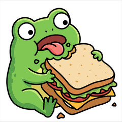Cute green amphibian eating big sandwich with lettuce and cheese. Adorable toad character in kawaii style holding juicy toast for fast food nursery decor and whimsical children food design.