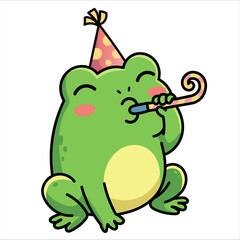 Cute green amphibian celebrating birthday with party hat and blowing whistle. Adorable toad character in kawaii style for festive nursery decor, greeting cards and whimsical party design.