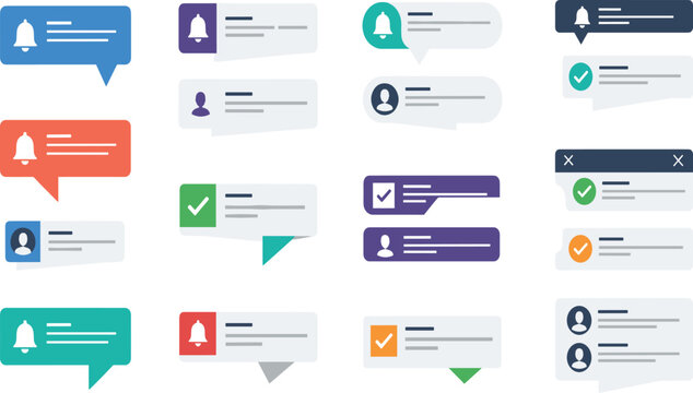 User Notification and Message Interface Icon Set Featuring Alerts, Chat Bubbles, System Updates, Profile Messages, and Confirmation Status Indicators for Apps and Websites