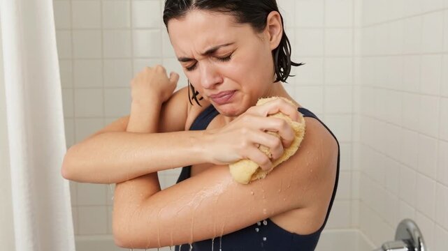 Woman feeling pain while scrubbing her arm with sponge in shower. Person with sensitive skin irritation from over-exfoliating with loofah