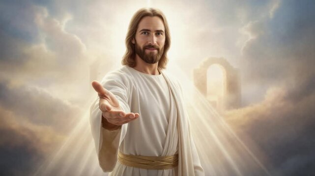 Jesus Christ reaching out his hand in a heavenly setting. Portrait of Jesus in white robe with divine light and clouds. Religious and spiritual concept