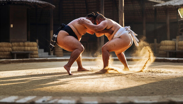 Two sumo wrestlers locked in a decisive match on a dirt ring, kicking up sand