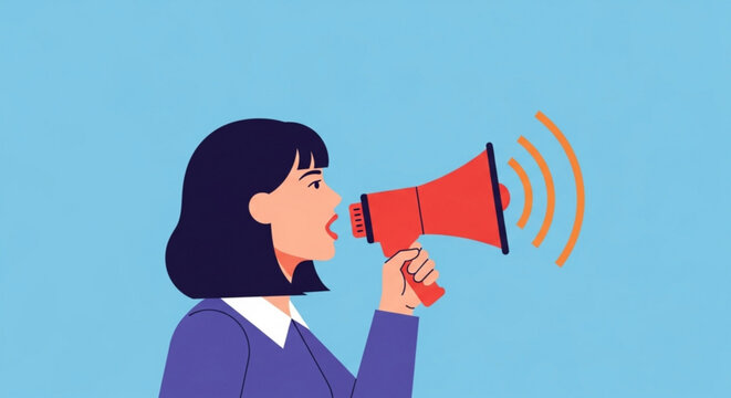 Woman Shouting through Megaphone on Blue Background