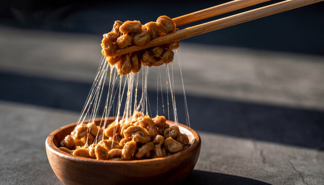Close-up of Traditional Japanese Natto, Fermented Soybeans, Lifted with Chopsticks, Showcasing its Unique Sticky and Stringy Texture from a Wooden Bowl in Natural Light