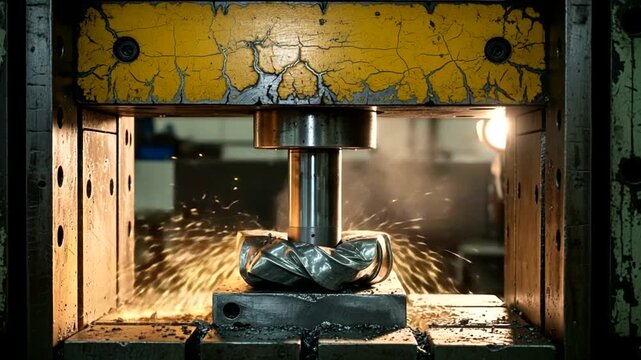 Heavy Industrial Press Compressing Metal Scrap in Factory.