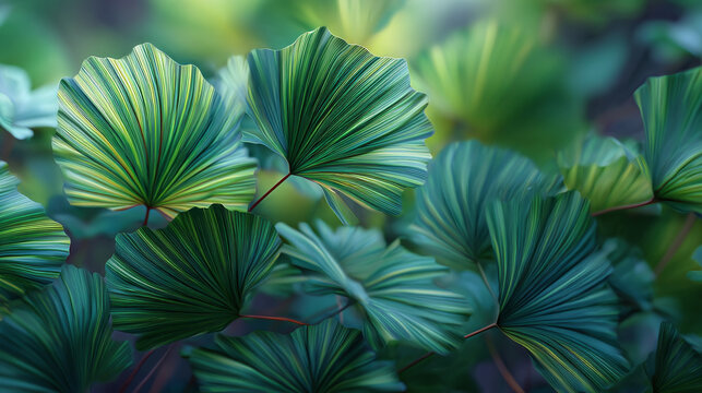A cluster of vibrant green and yellow leaves, showcasing intricate textures. The scene evokes a sense of freshness and natural beauty.