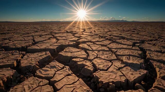 Dry cracked earth under bright sun at sunset with dramatic warm light and harsh texture