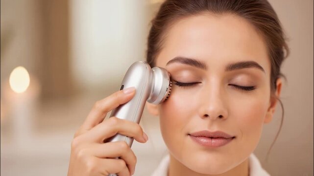 Young woman using electronic facial cleansing brush for skin treatment. Beauty and skincare routine with modern massager device. Self-care and wellness concept