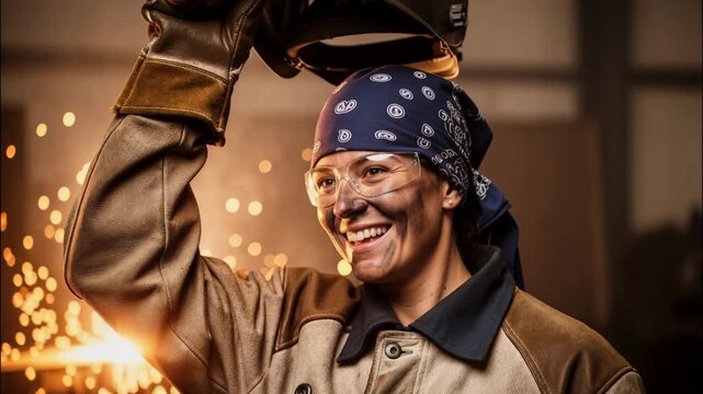 Happy female welder with dirty face smiling in workshop. Confident woman in protective gear lifting her welding helmet after work. Skilled industrial worker portrait