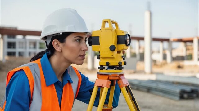 Female surveyor using theodolite total station at construction site. Professional civil engineer with measurement equipment. Woman in hard hat working on building project