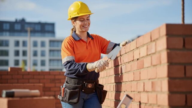 Smiling female construction worker with trowel at building site. Professional bricklayer in hard hat posing next to brick wall