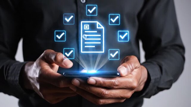 Man holding smartphone with glowing digital document and checklist hologram, online document verification and digital workflow concept, technology and business solution