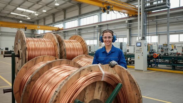 Female industrial worker with large spools of copper wire. Smiling technician in blue jumpsuit at an electrical cable factory. Manufacturing and metal industry concept