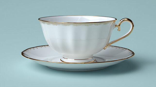 An elegant teacup and saucer set with a golden rim. The cup is empty and clean, with a simple yet classic design