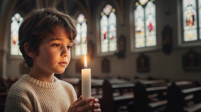 Young boy holding a lit candle with eyes closed in a church. Child praying in a cathedral with pews and stained glass background. Faith and spirituality concept