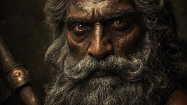 Close-up of Parshuram, an Elderly Man with a Wise Traditional Attire  and Radiant Gold Accessories for Religious Celebrations